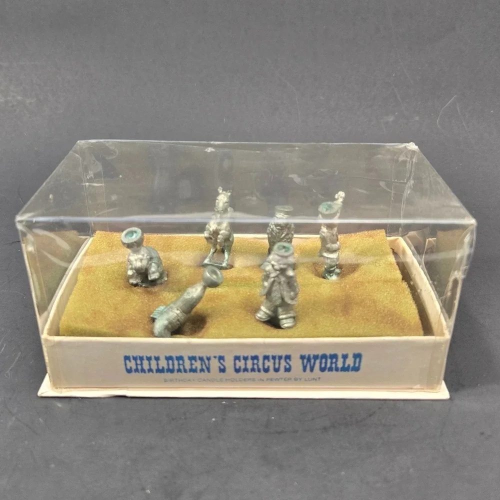 Vintage Lunt Pewter Children's Circus World Birthday Cake Candle Holders Set Box